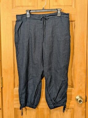 Mariyaab By High Style Pants 100% Linen Wide Leg Cropped Navy Blue Sz 18 Coastal